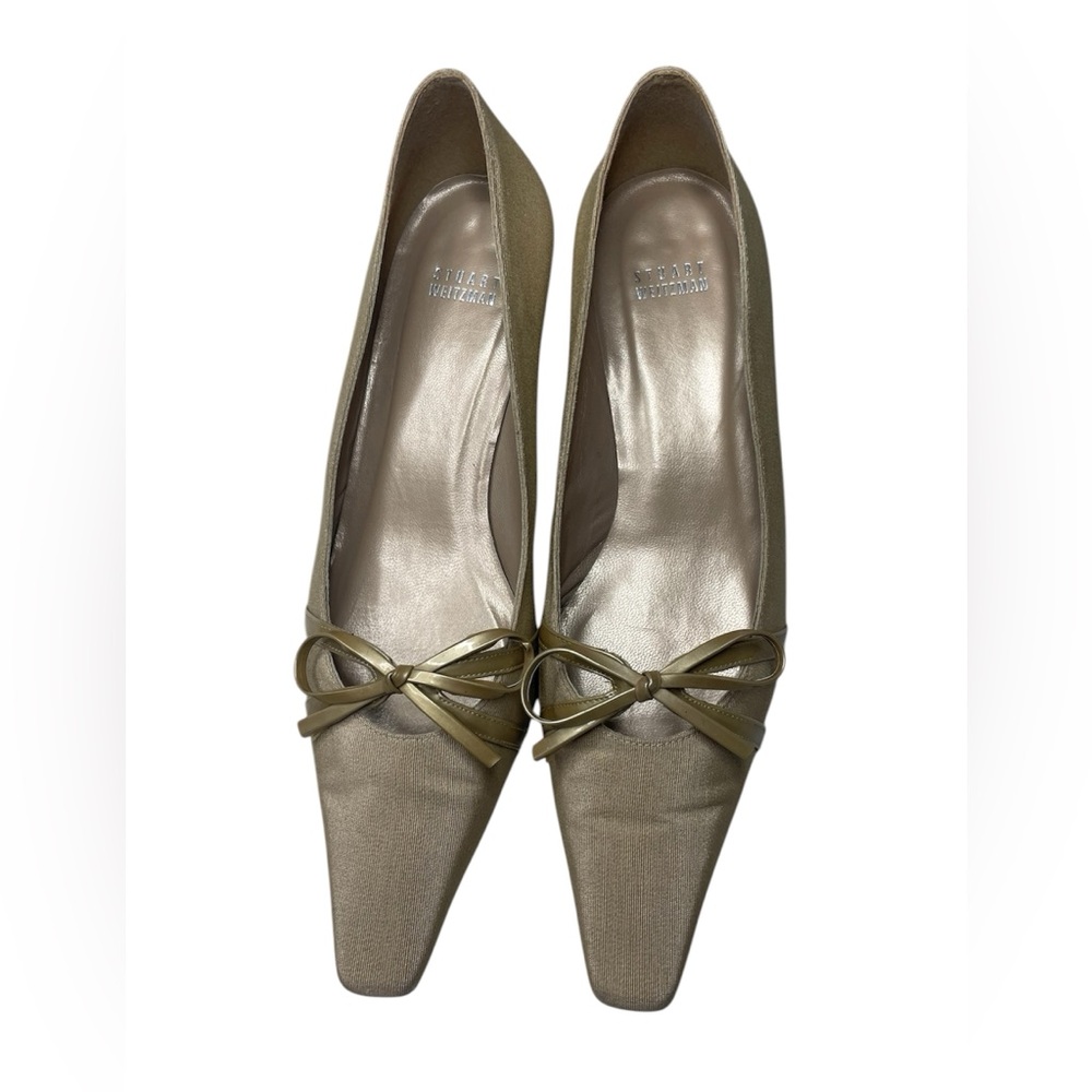 Stuart Weitzman beige Gold shimmer kitten Heels pointed toe pump